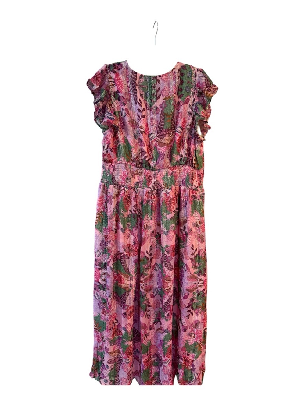 Ciebon Pink Tropical Print Metallic Flutter Cap Sleeve Maxi Dress 1X - Picture 5 of 11